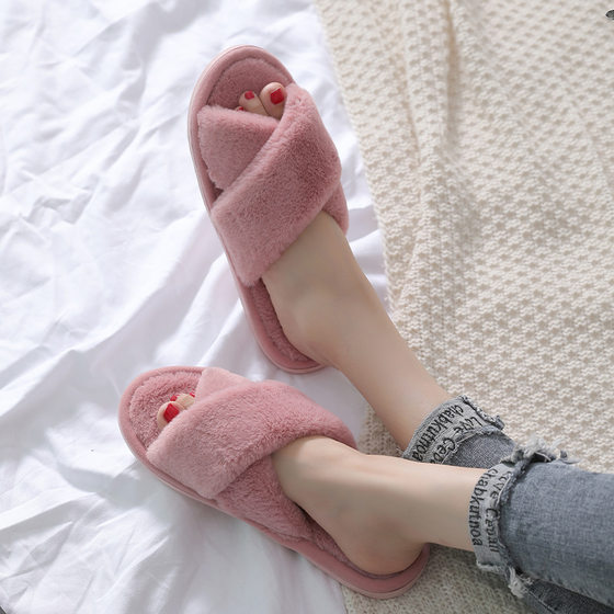 Amazon Explosions Cross Plush Slippers Autumn and Winter New Indoor Warm Cotton Slippers Thickened Leaky Toe Mao Mao Slippers