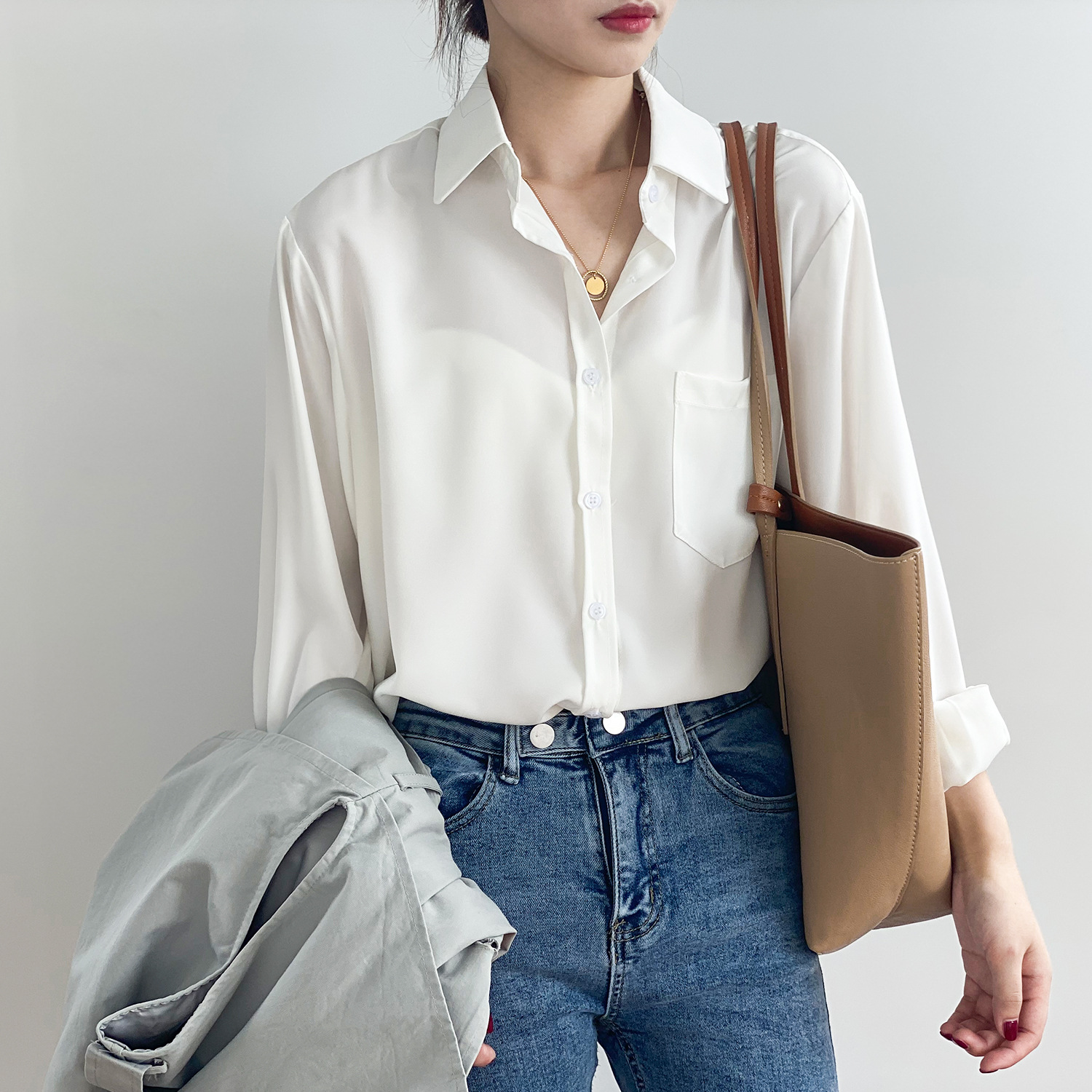 Words Double Shirt Women's 2024 Spring New Korean Chic Solid Color Simple Elegant Long Sleeve Lapel Shirt Women's 0895