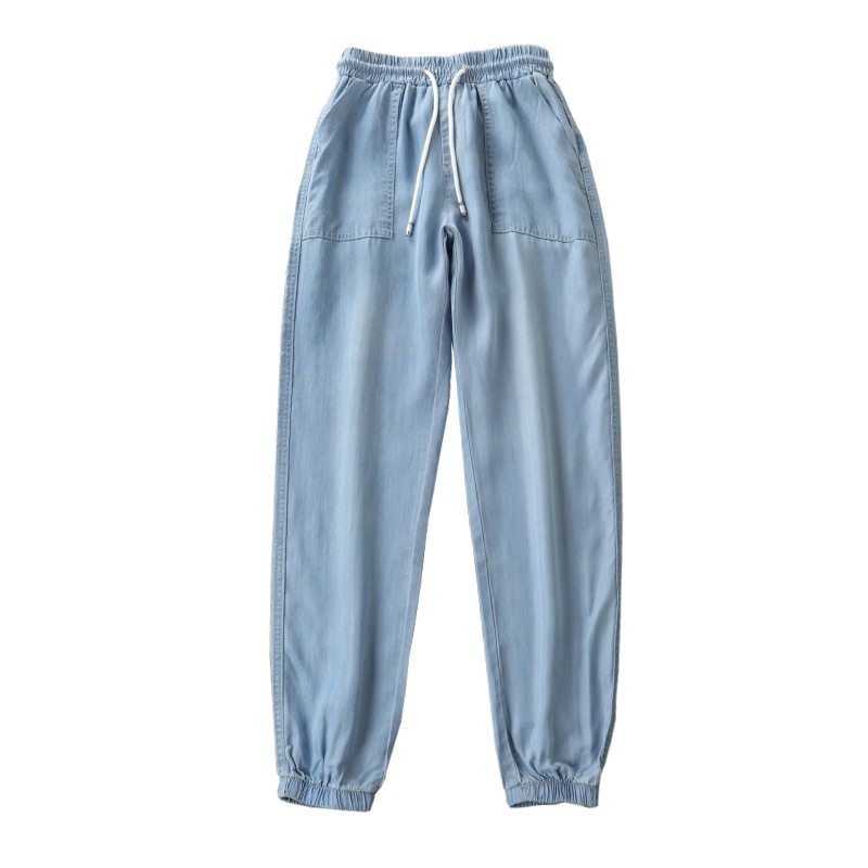 2021 New Korean Style Ice Silk Jeans Women's Summer High Waist Loose Cropped Casual Harem Pants Women's Summer
