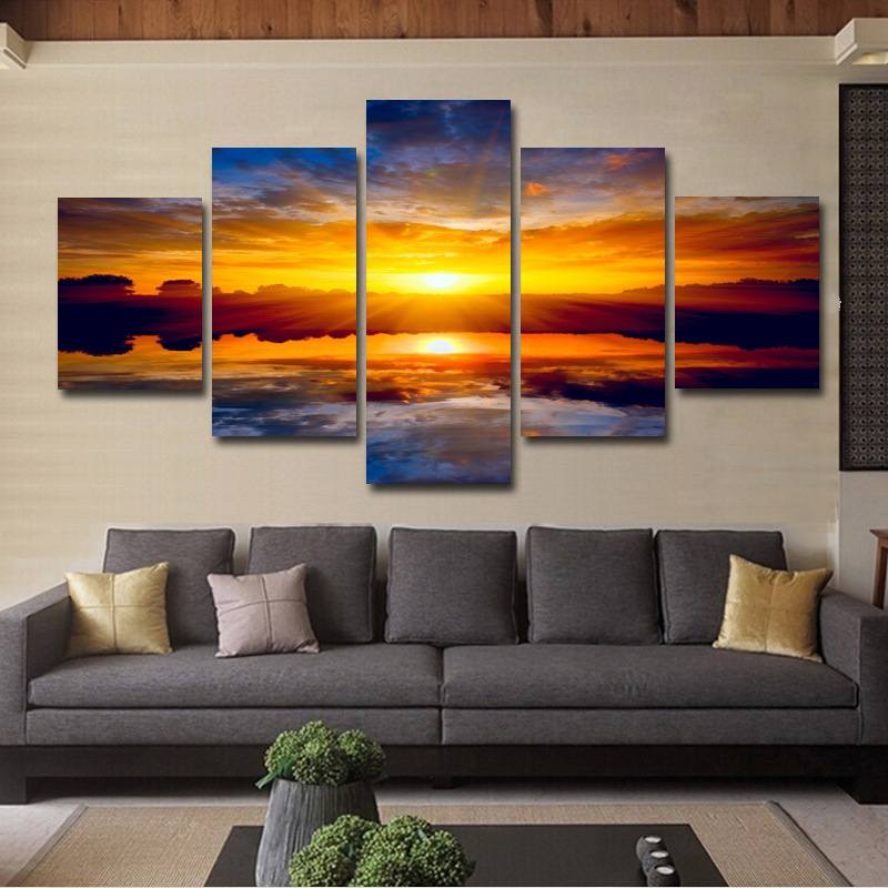 High-definition spray painting five spell Sea sunset landscape oil painting wall art home canvas decorative painting cross-border supply