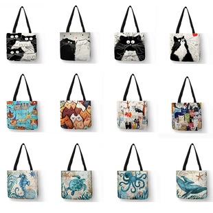 Amazon Explosive Canvas Bag HD Digital Printing Linen Shopping Bag Cat Pattern Environmentally Friendly Portable Linen Bag