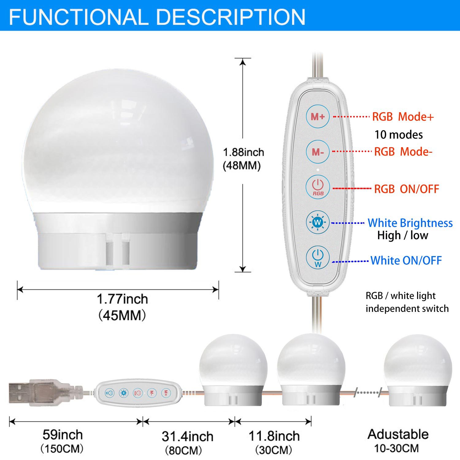 Hollywood makeup mirror bulb mirror light LED bulb RGB colorful mirror headlight USB DIY rotating take-up