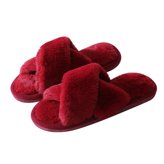 Amazon Explosions Cross Plush Slippers Autumn and Winter New Indoor Warm Cotton Slippers Thickened Leaky Toe Mao Mao Slippers