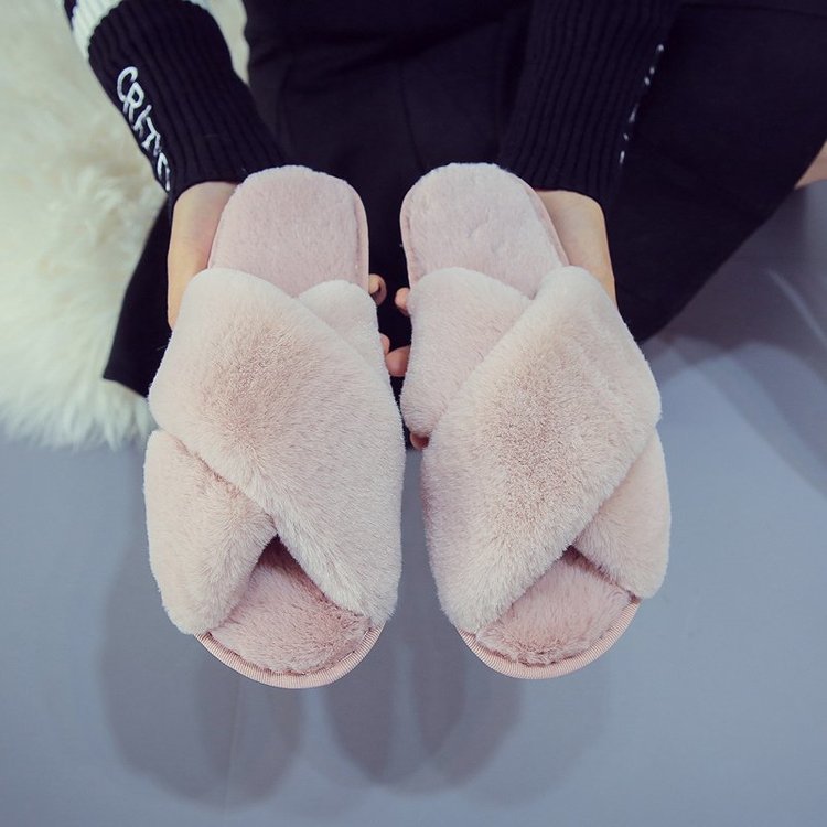 Foreign Trade Amazon Large Size Cross Fluffy Slippers Women's Winter Indoor Plush Flat Floor Open Toe Warm Cotton Slippers