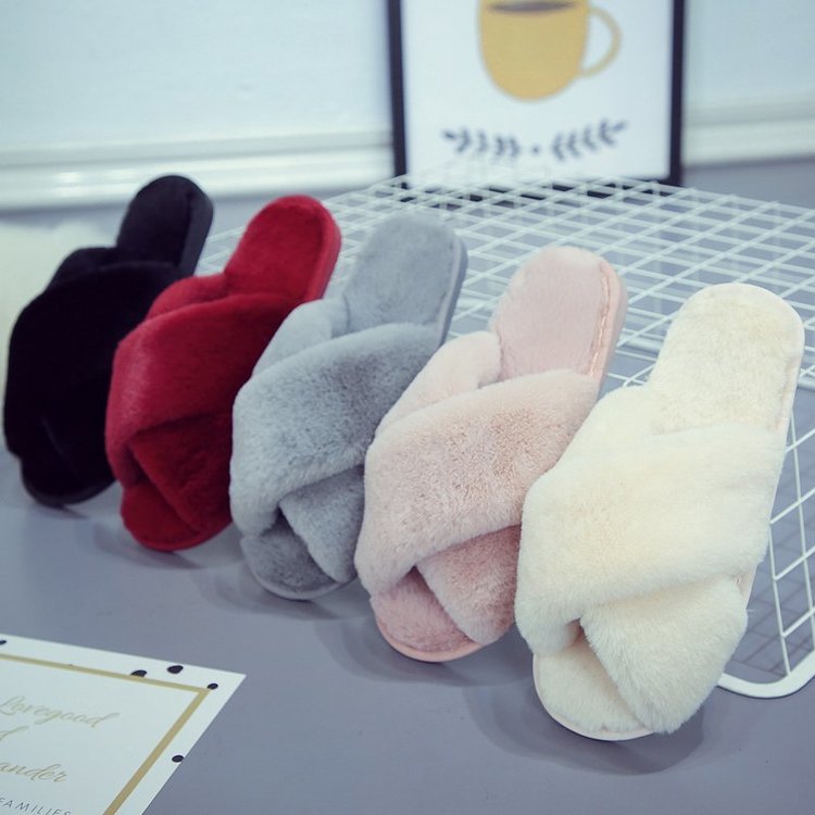 Foreign Trade Amazon Large Size Cross Fluffy Slippers Women's Winter Indoor Plush Flat Floor Open Toe Warm Cotton Slippers
