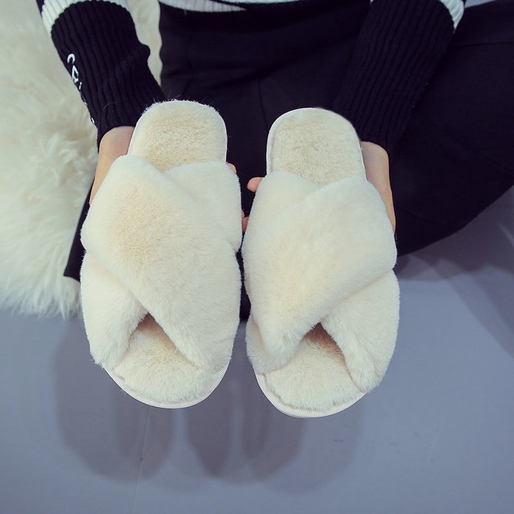 Foreign Trade Amazon Large Size Cross Fluffy Slippers Women's Winter Indoor Plush Flat Floor Open Toe Warm Cotton Slippers