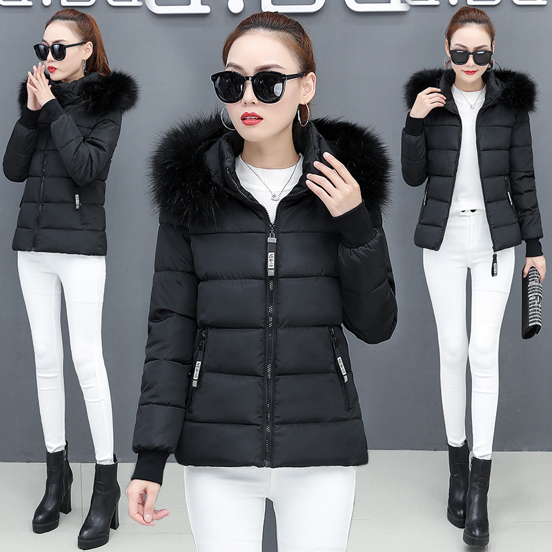 Cross-border European Size Extra Large Wool Collar Thickened Women's Cotton-padded Jacket Short Hooded Winter Warm Jacket with Removable Cap Women's Cotton-padded Jacket