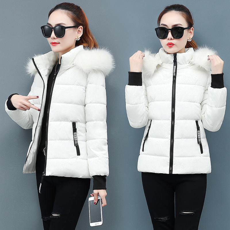 Cross-border European Size Extra Large Wool Collar Thickened Women's Cotton-padded Jacket Short Hooded Winter Warm Jacket with Removable Cap Women's Cotton-padded Jacket