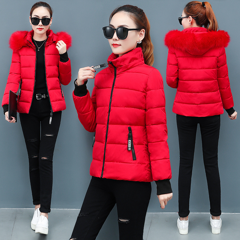 Cross-border European Size Extra Large Wool Collar Thickened Women's Cotton-padded Jacket Short Hooded Winter Warm Jacket with Removable Cap Women's Cotton-padded Jacket