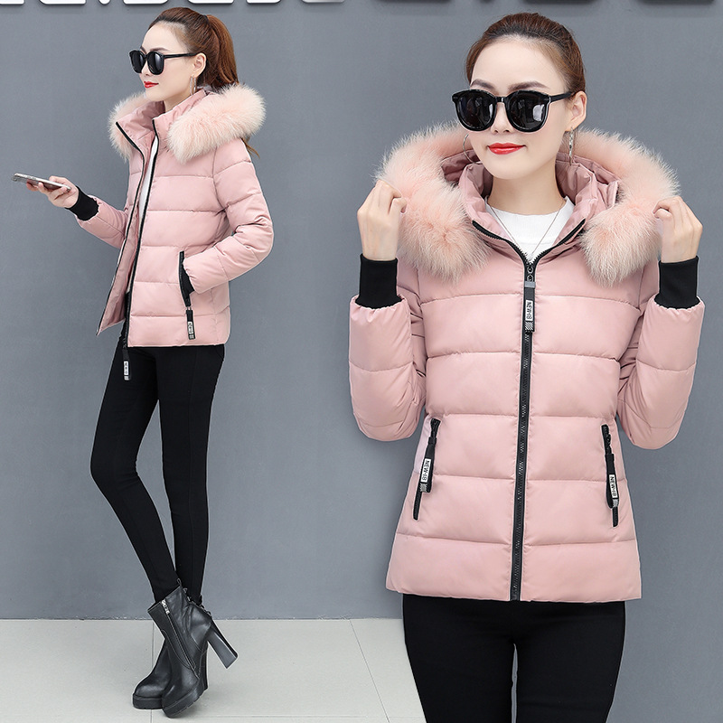 Cross-border European Size Extra Large Wool Collar Thickened Women's Cotton-padded Jacket Short Hooded Winter Warm Jacket with Removable Cap Women's Cotton-padded Jacket