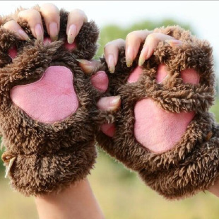Winter Cute Cartoon Cat Girl's Exposed Finger Cat's Claw Warm Gloves Thickened Fluffy Bear's Paw Half Finger Gloves