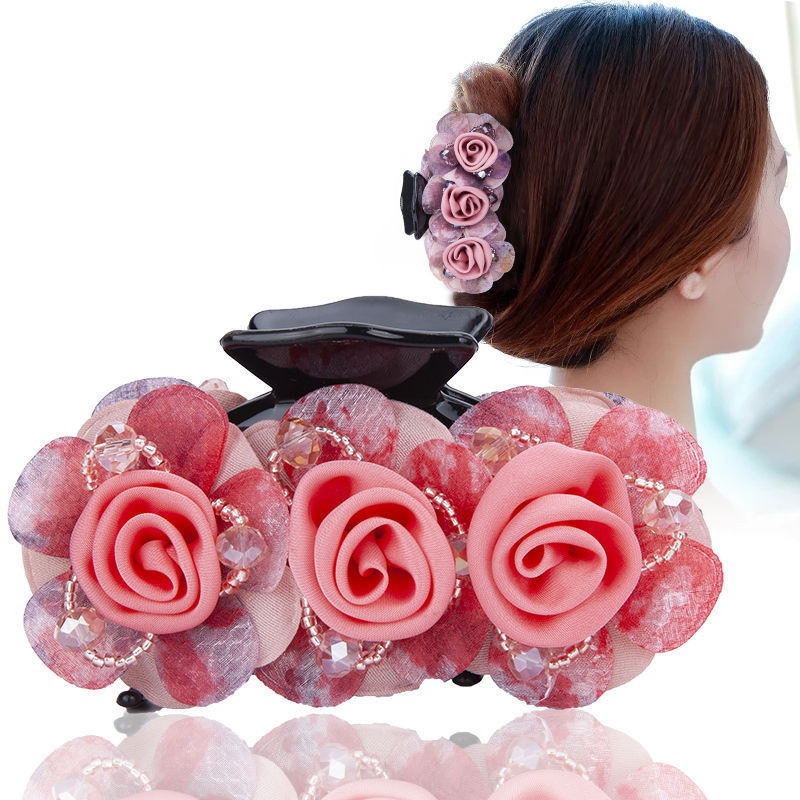 Korean Style New Rose Flower Grab Clip Fabric Rose Handmade Crystal Hair Clip Fashionable Korean Star Same Style Headwear