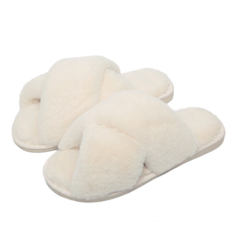 Foreign Trade Amazon Large Size Cross Fluffy Slippers Women's Winter Indoor Plush Flat Floor Open Toe Warm Cotton Slippers