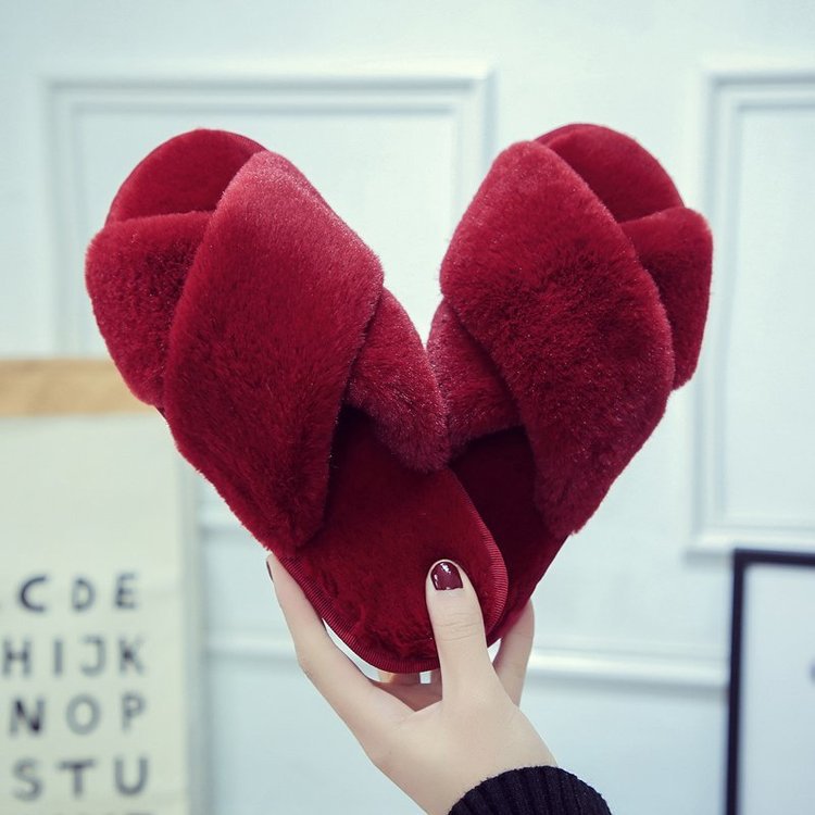Foreign Trade Amazon Large Size Cross Fluffy Slippers Women's Winter Indoor Plush Flat Floor Open Toe Warm Cotton Slippers