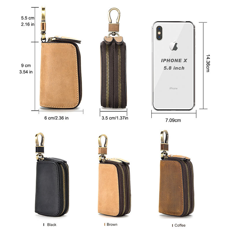 Retro Crazy Horse Leather Key Bag Multifunctional Hook Convenient Double Zipper Car Leather Key Bag Factory Outlet