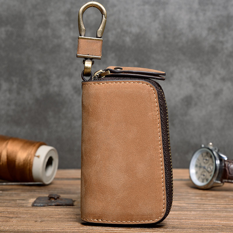 Retro Crazy Horse Leather Key Bag Multifunctional Hook Convenient Double Zipper Car Leather Key Bag Factory Outlet