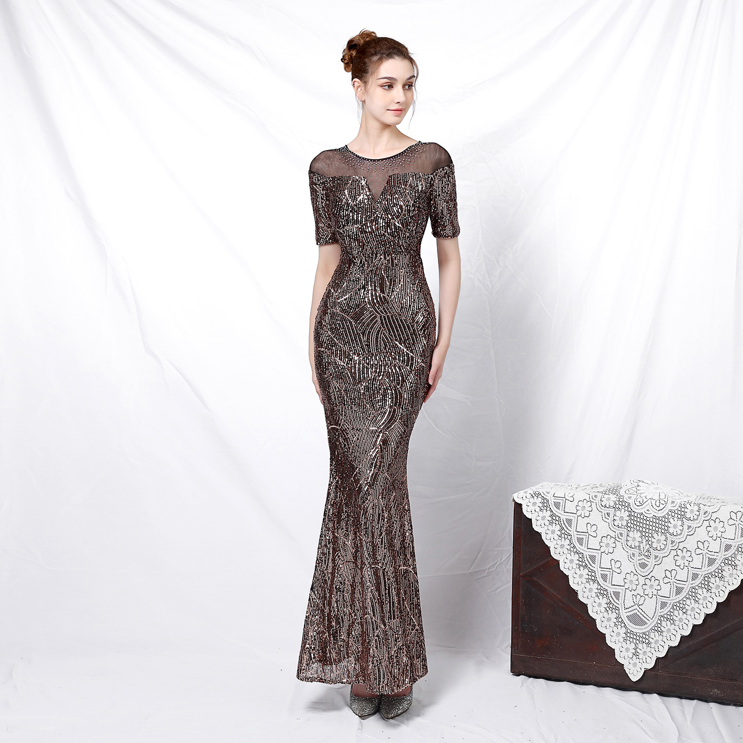 18123# New Elegant Banquet Elegant Long Sleeve Sequin Astrology Queen Fishtail Evening Dress