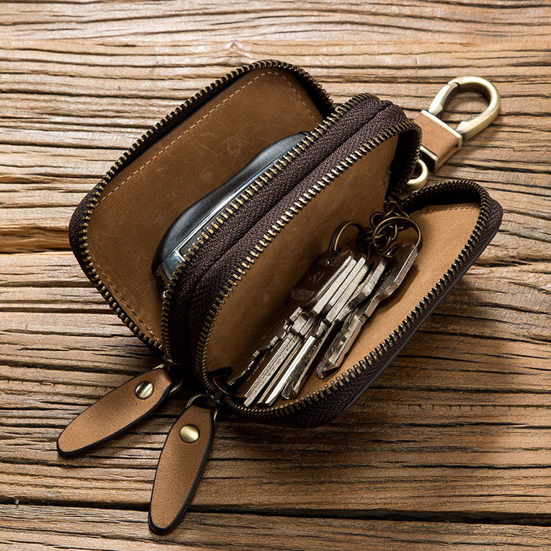 Retro Crazy Horse Leather Key Bag Multifunctional Hook Convenient Double Zipper Car Leather Key Bag Factory Outlet