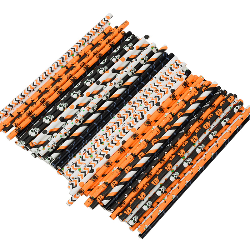 Paper Straw Color Degradable Disposable Paper Straw Halloween Black Orange Skull Creative Party