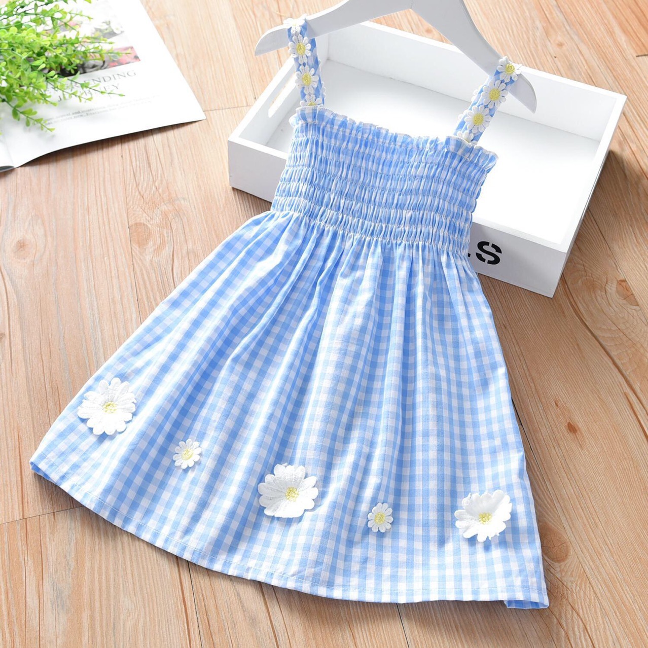 2022 New Arrival Daisy Plaid Western Style Dress Girl's Princess Sling Skirt Baby's Summer Fashion