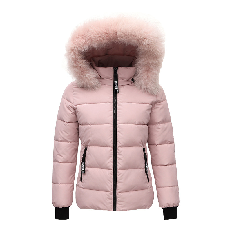 Cross-border European Size Extra Large Wool Collar Thickened Women's Cotton-padded Jacket Short Hooded Winter Warm Jacket with Removable Cap Women's Cotton-padded Jacket