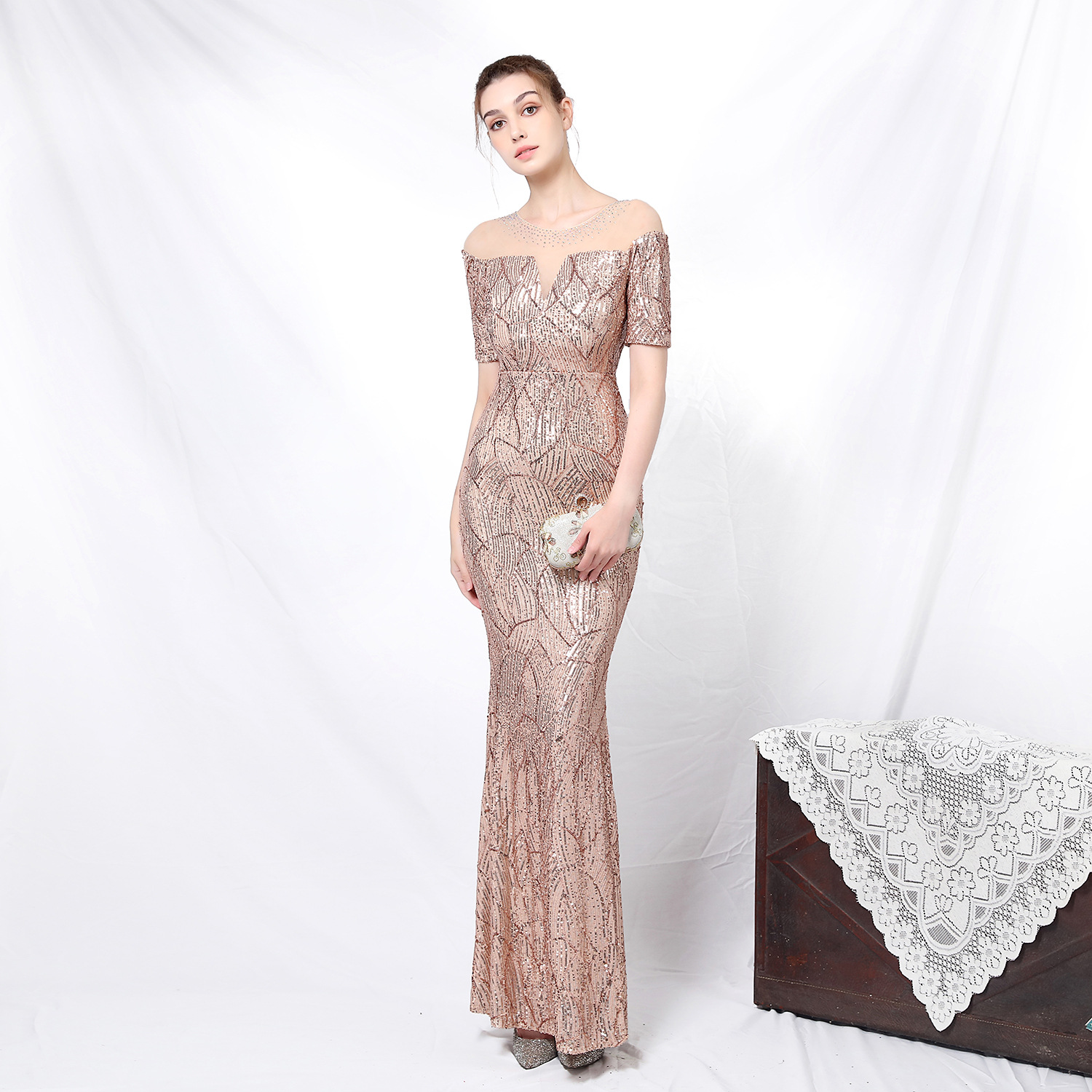 18123# New Elegant Banquet Elegant Long Sleeve Sequin Astrology Queen Fishtail Evening Dress