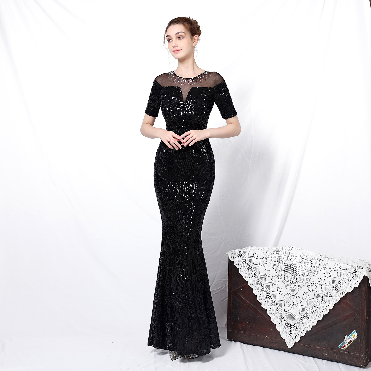 18123# New Elegant Banquet Elegant Long Sleeve Sequin Astrology Queen Fishtail Evening Dress