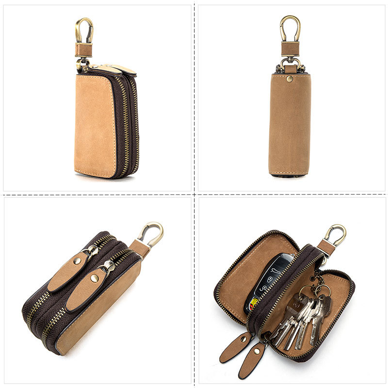 Retro Crazy Horse Leather Key Bag Multifunctional Hook Convenient Double Zipper Car Leather Key Bag Factory Outlet