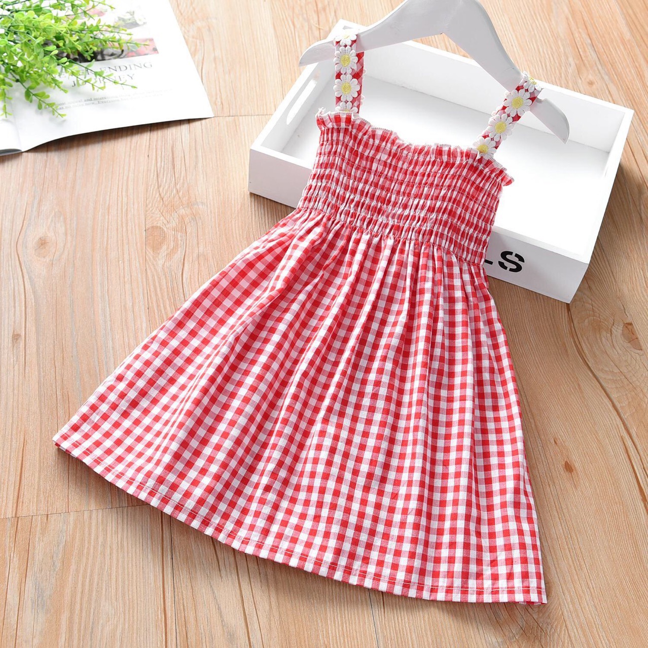 2022 New Arrival Daisy Plaid Western Style Dress Girl's Princess Sling Skirt Baby's Summer Fashion