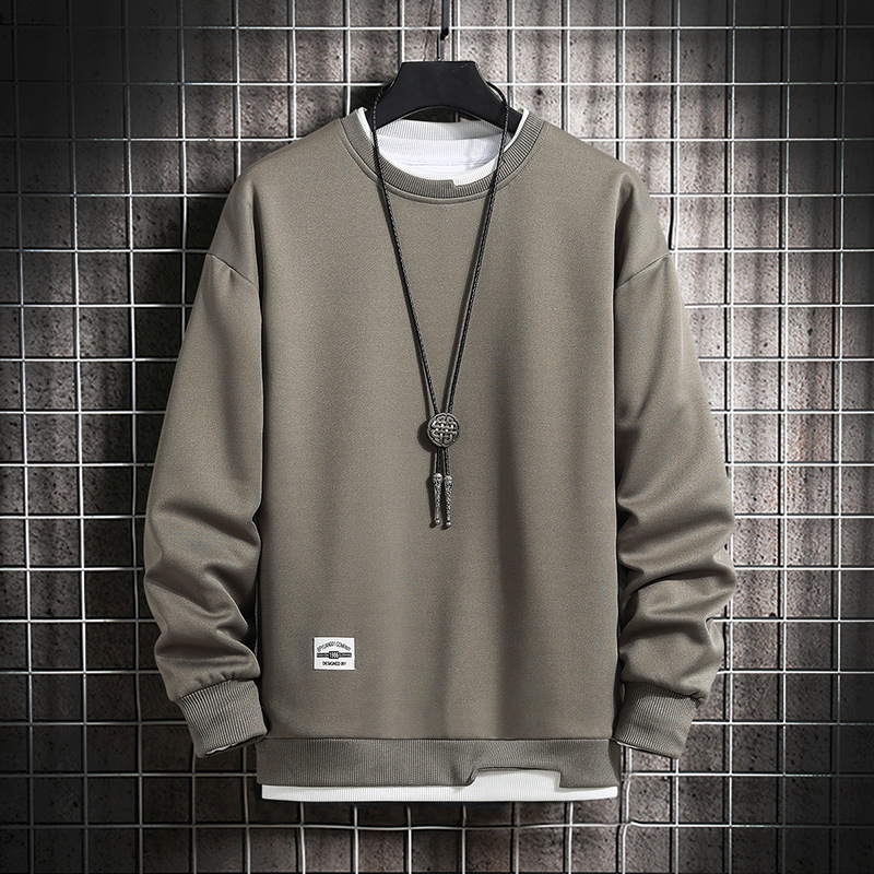 Sweater men's custom wholesale solid color sweater round neck clothes student Korean style loose sports fake two-piece fleece-lined sweater