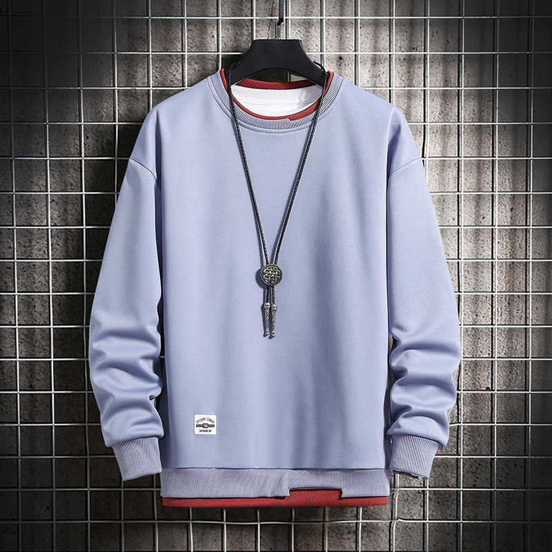 Sweater men's custom wholesale solid color sweater round neck clothes student Korean style loose sports fake two-piece fleece-lined sweater