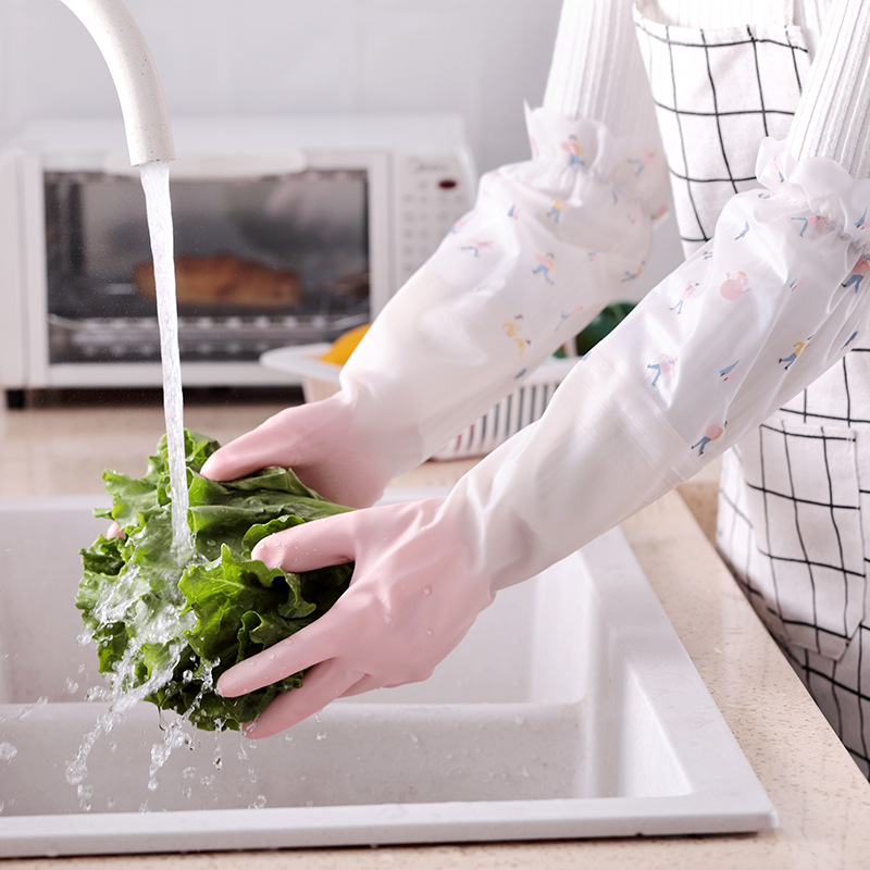 Household kitchen dishwashing gloves female rubber rubber rubber fleece-lined brush bowl waterproof household cleaning laundry clothes durable
