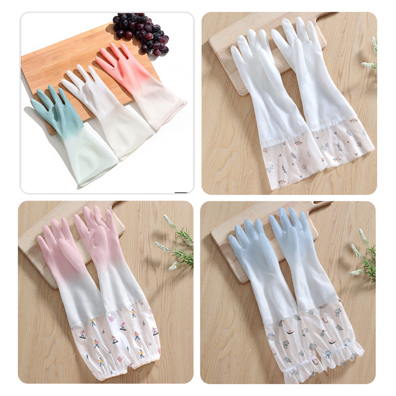 Household kitchen dishwashing gloves female rubber rubber rubber fleece-lined brush bowl waterproof household cleaning laundry clothes durable