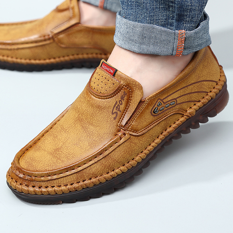 2024 Spring New Men's Casual Leather Shoes Lazy Foot Pea Shoes Hand-stitched Cowhide Driving Men's Leather Shoes