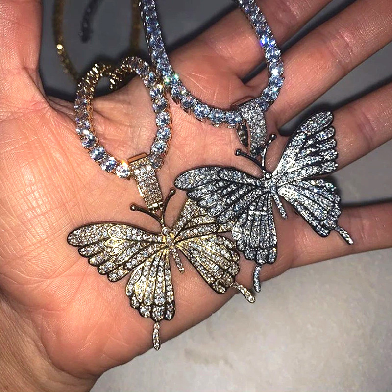 Cuban butterfly necklace European and American cross-border rhinestone butterfly pendant necklace hip hop jewelry tennis choker