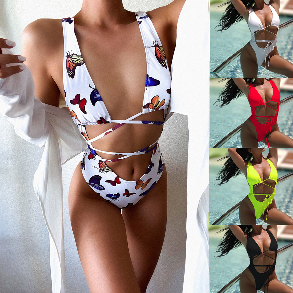 European and American New Sexy One-piece Butterfly Printed Strap Backless High Waist Women Swimsuit Bikini Swimsuit ZY055