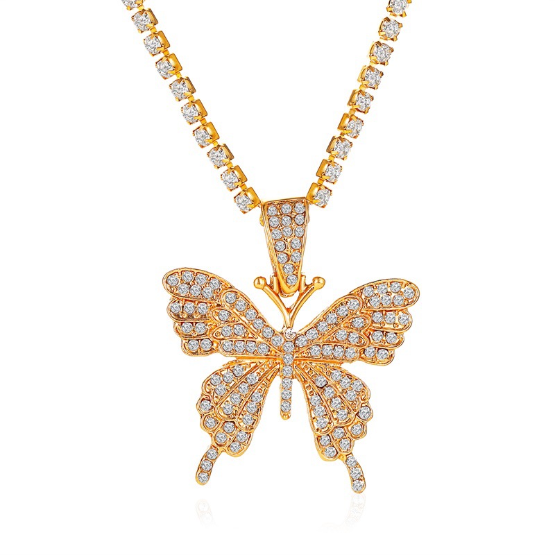 Cuban butterfly necklace European and American cross-border rhinestone butterfly pendant necklace hip hop jewelry tennis choker