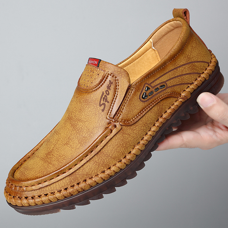 2024 Spring New Men's Casual Leather Shoes Lazy Foot Pea Shoes Hand-stitched Cowhide Driving Men's Leather Shoes