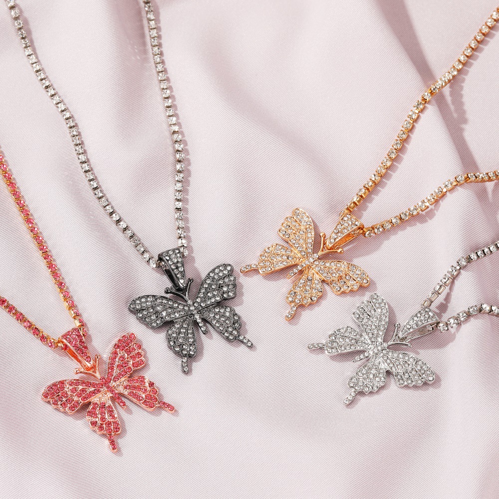 Cuban butterfly necklace European and American cross-border rhinestone butterfly pendant necklace hip hop jewelry tennis choker