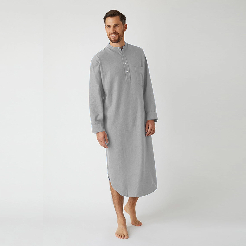 AliExpress Muslim Men's European and American Nightgown Long Sleeve Button Solid Color Arabian Shirt Cross Border Men's Robe