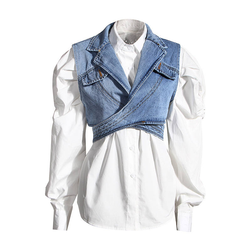 2024 New Two-piece Short Irregular Denim Vest Puff Sleeve Shirt Loose Fashion suit Women