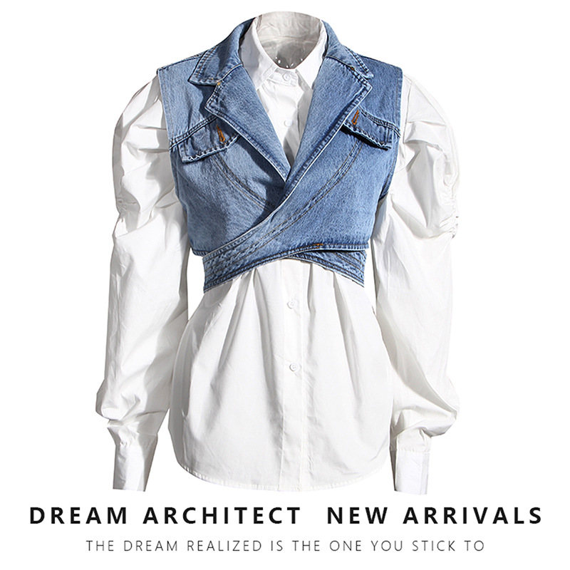 2024 New Two-piece Short Irregular Denim Vest Puff Sleeve Shirt Loose Fashion suit Women
