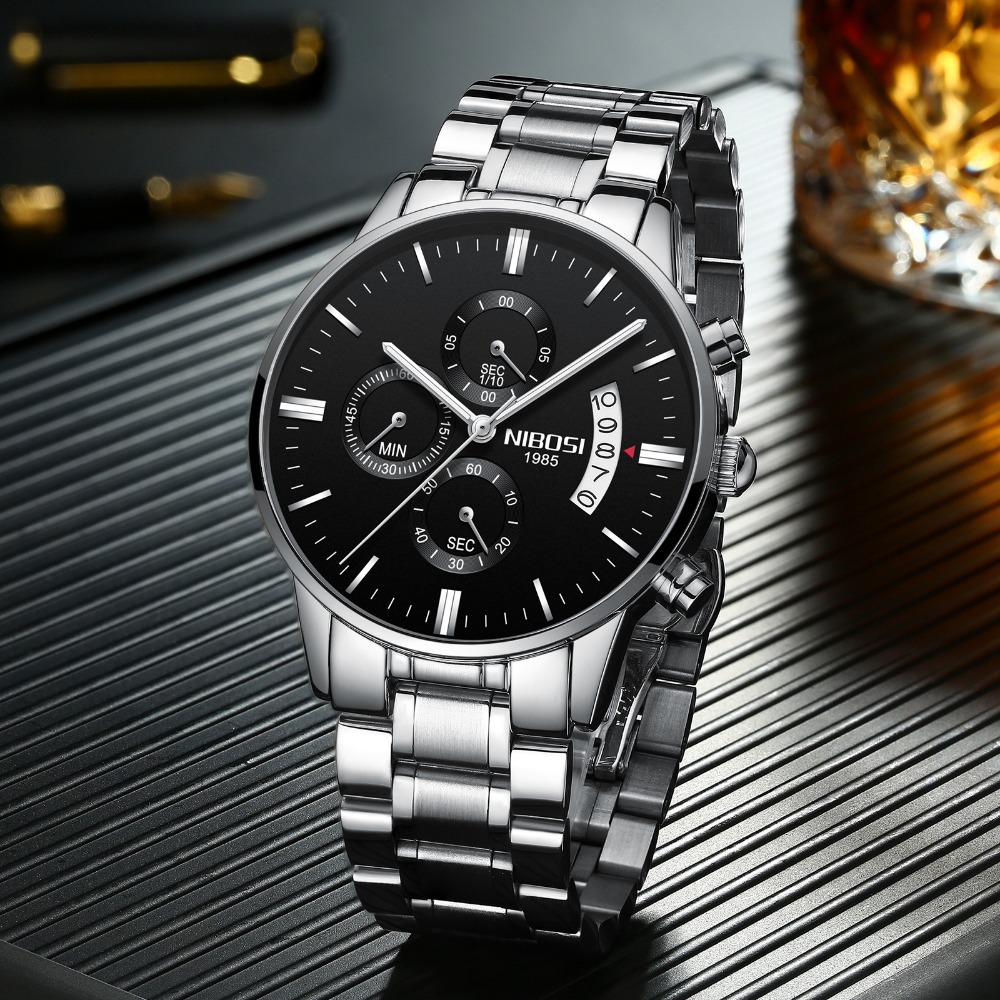 NIBOSI butterfly snap solid steel band men's watch waterproof coated glass luminous three eyes 6 pin quartz watch