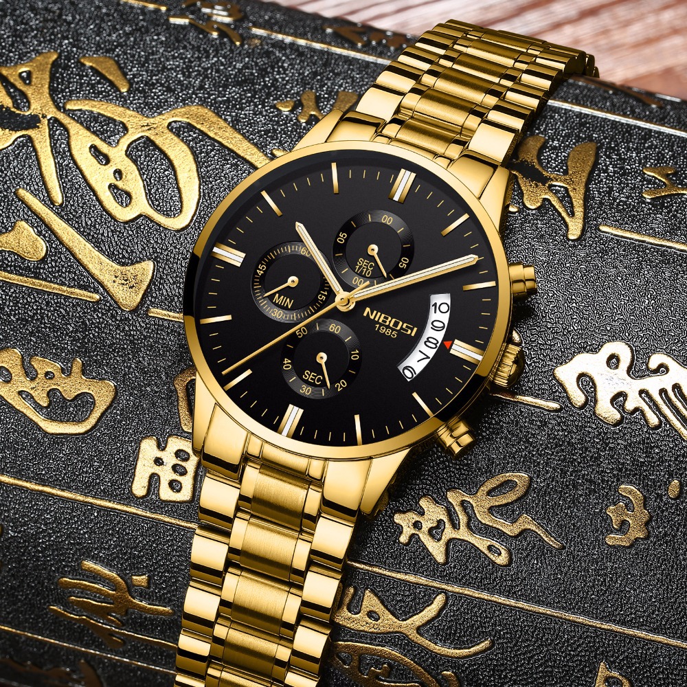 NIBOSI butterfly snap solid steel band men's watch waterproof coated glass luminous three eyes 6 pin quartz watch
