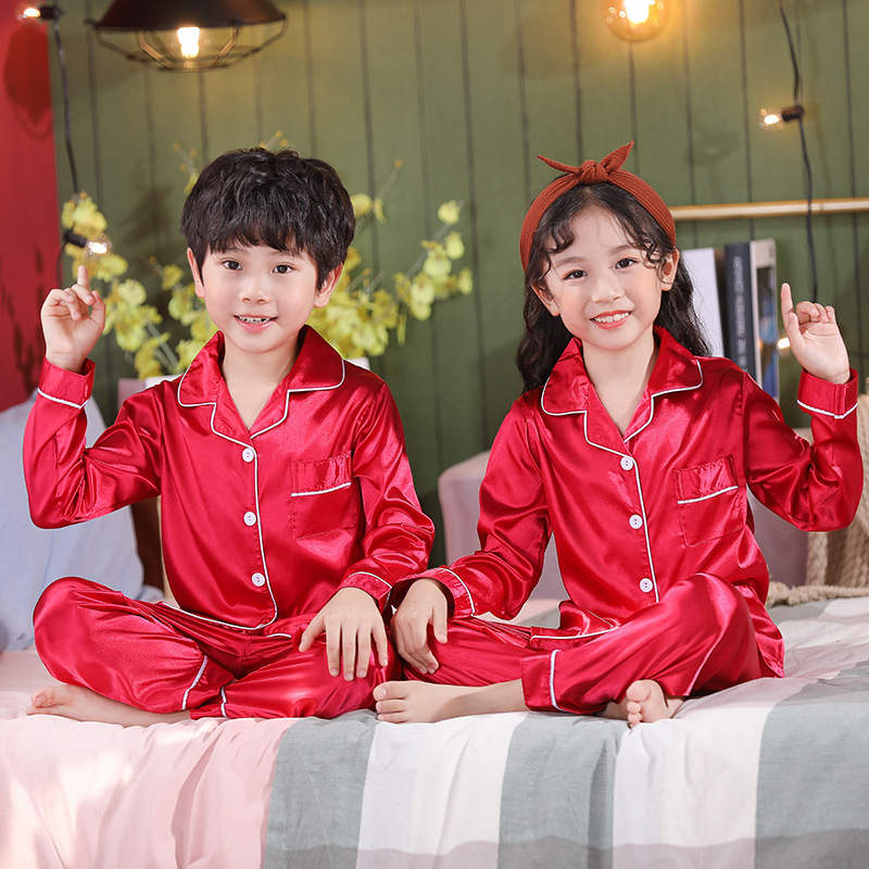 Spring and Autumn Children's Pajamas Children's Long-sleeved Pajamas Silk Solid Color Korean-style Boy's Thin Home Suit