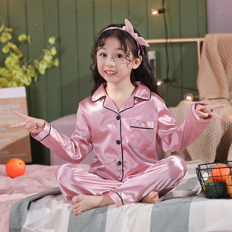 Spring and Autumn Children's Pajamas Children's Long-sleeved Pajamas Silk Solid Color Korean-style Boy's Thin Home Suit