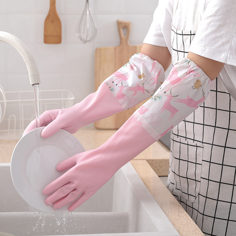 Kitchen household cleaning laundry rubber gloves women's lengthened waterproof durable beautiful single layer drawstring dishwashing gloves