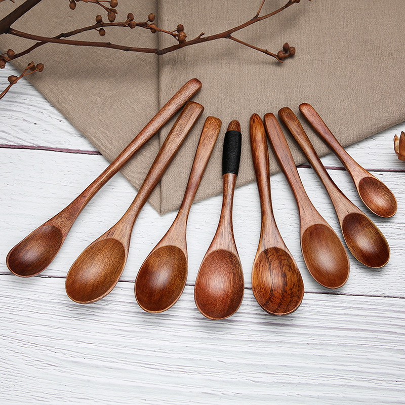 Solid wood lacquer long handle winding wooden spoon Japanese style and wind log small soup spoon free lettering multi-style mixing spoon