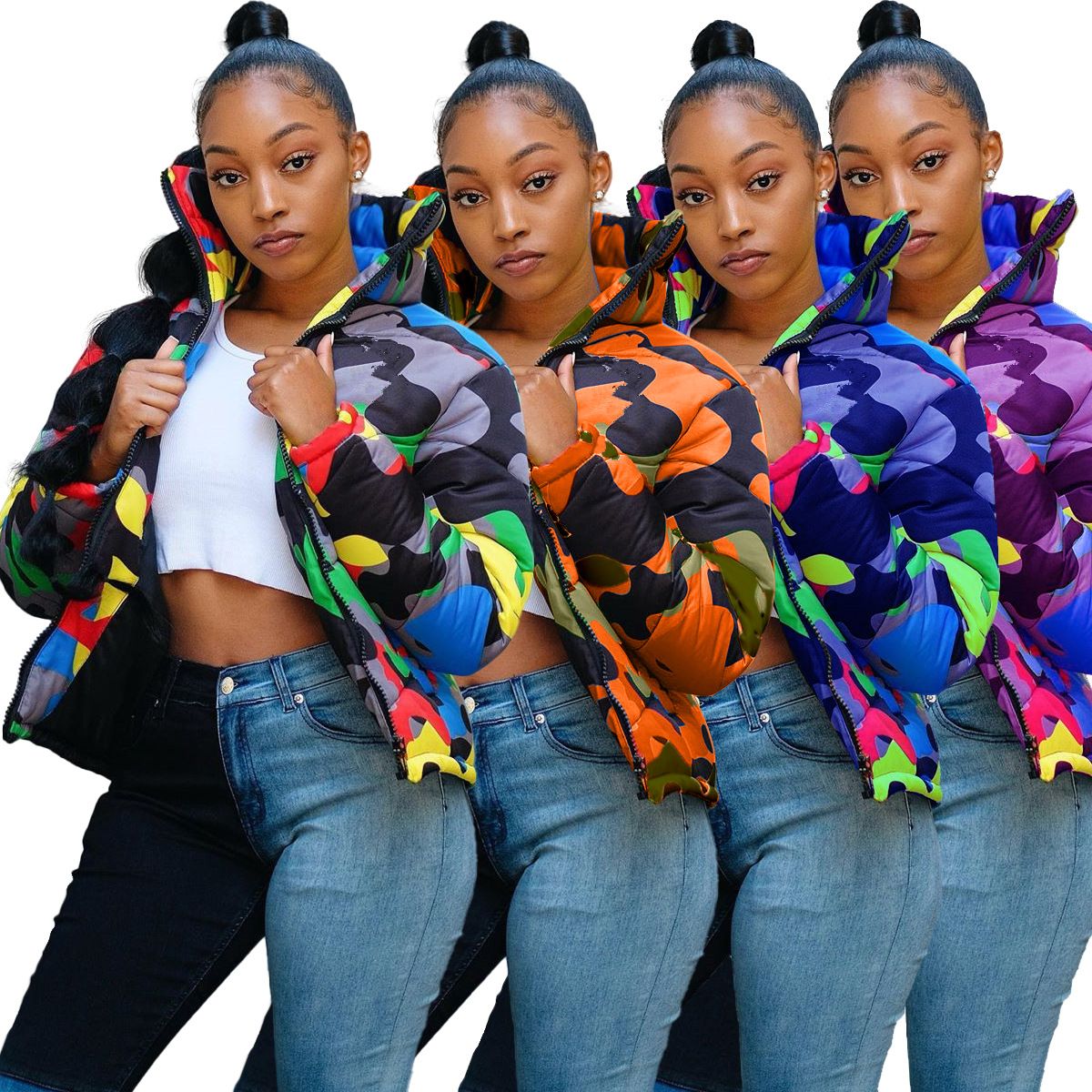 UJ4548 cross-border Women's new men and women can wear color camouflage printing and dyeing bread jacket down jacket cotton-padded jacket