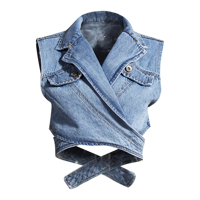 2024 New Two-piece Short Irregular Denim Vest Puff Sleeve Shirt Loose Fashion suit Women